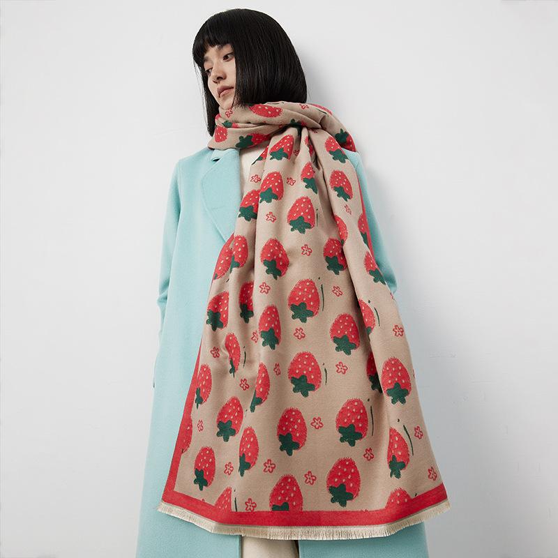 Korean Version Cute Strawberry Imitation Cashmere Scarf Women'S Long Travel Sunscreen Printed Fringed Medium Long Shawl