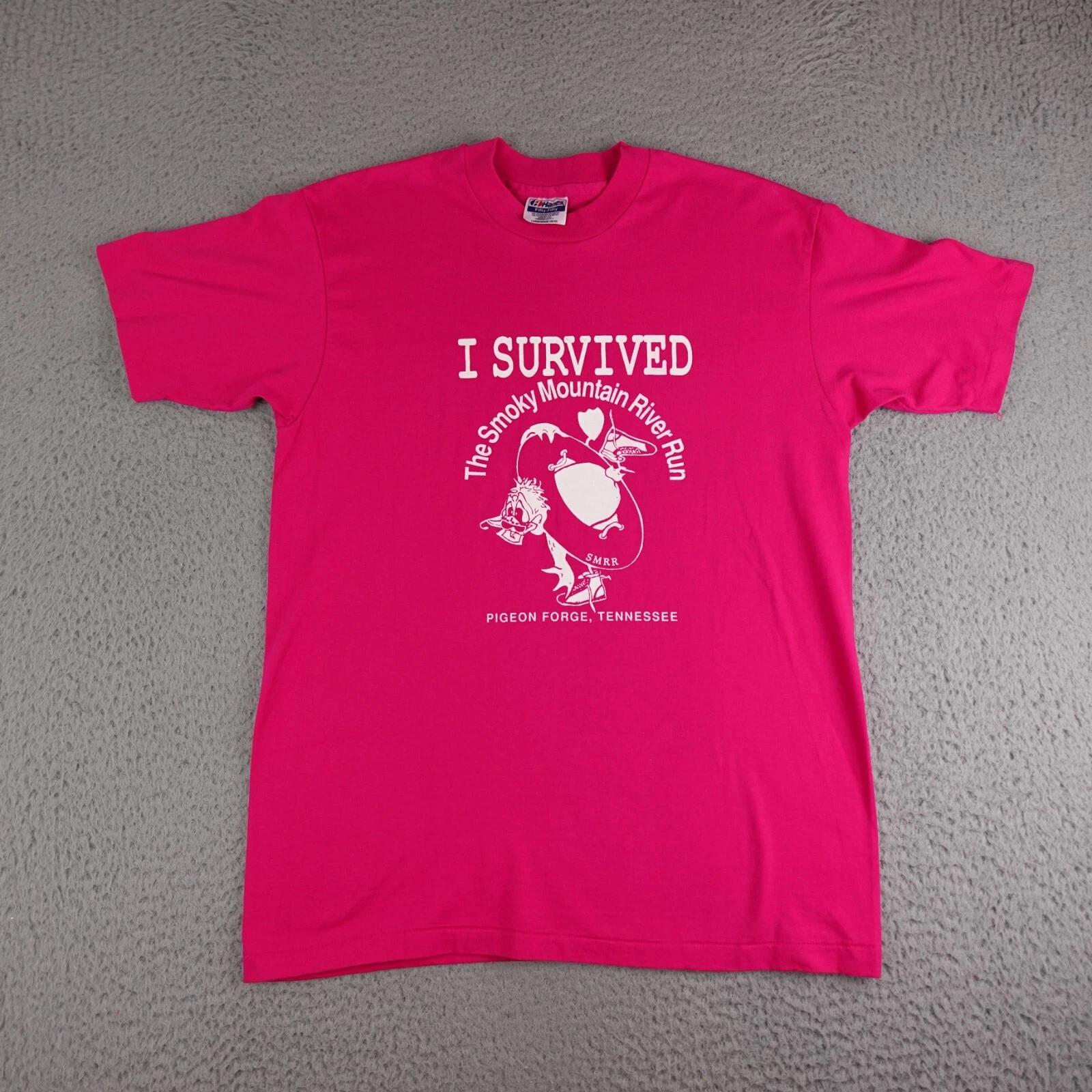 

Vintage Pigeon Forge Shirt Mens Large Pink I Survived Smoky Mountain River Run S