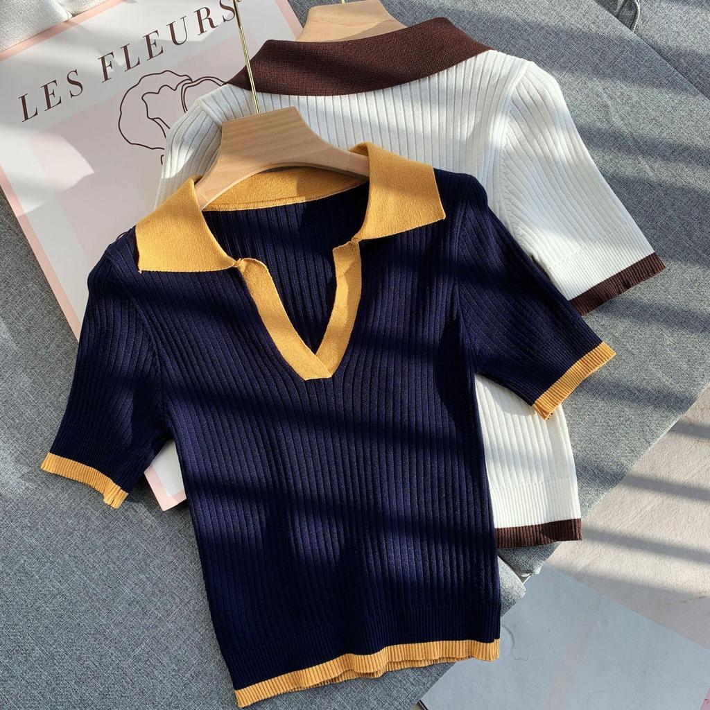 Damen 2024 Sommer Eis-Seide Kurzarm Polo-Top - Colorblock Slim-Fit Strickware