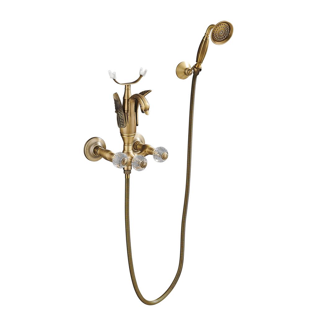 Set baterie pentru cadă și duș Tuqiu Baterie pentru cadă cu lebădă aurie montată pe perete, baie rece și fierbinte Baterie pentru baie și duș din alamă