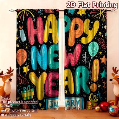 2 Pcs Happy New Year Print Curtains,suitable for Bedroom,living Room Kitchen Decoration,home Decoration,window Curtain