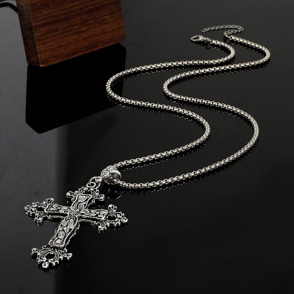 Vintage Gothic Cross Pendant Necklace Large Fashion Women's Long Necklaces Stainless Steel Chain Jewelry Goth Accessories