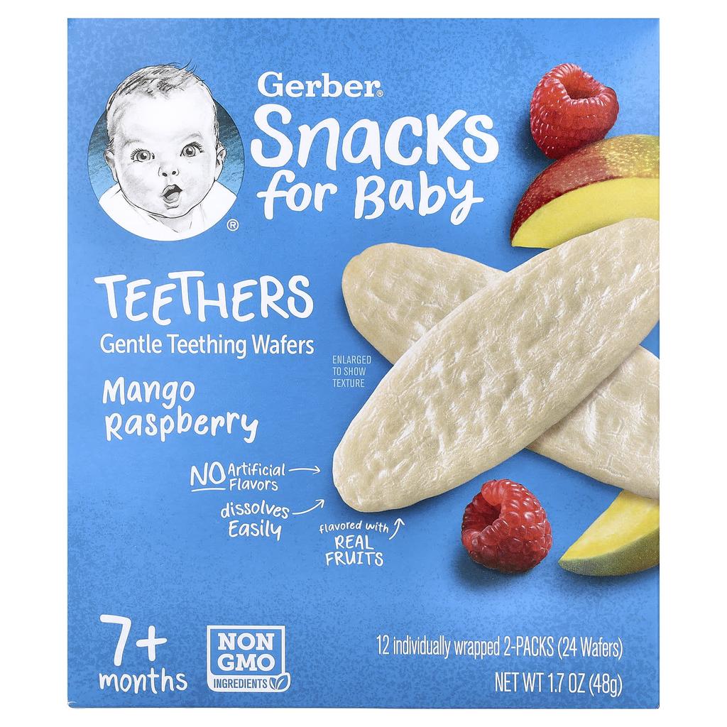 Gerber Baby Snacks, Teether, Soft Teething Wafers, 7+ Months, Mango Raspberry, 2 Packs of 12 Individually Wrapped, 0.14 Oz (4 G) Each