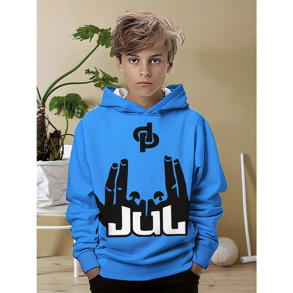 Boys' Hooded Sweatshirt, Rapper Gesture, Fun Gesture JUL Pattern, Blue Trendy and Fashionable Children's Clothing Top