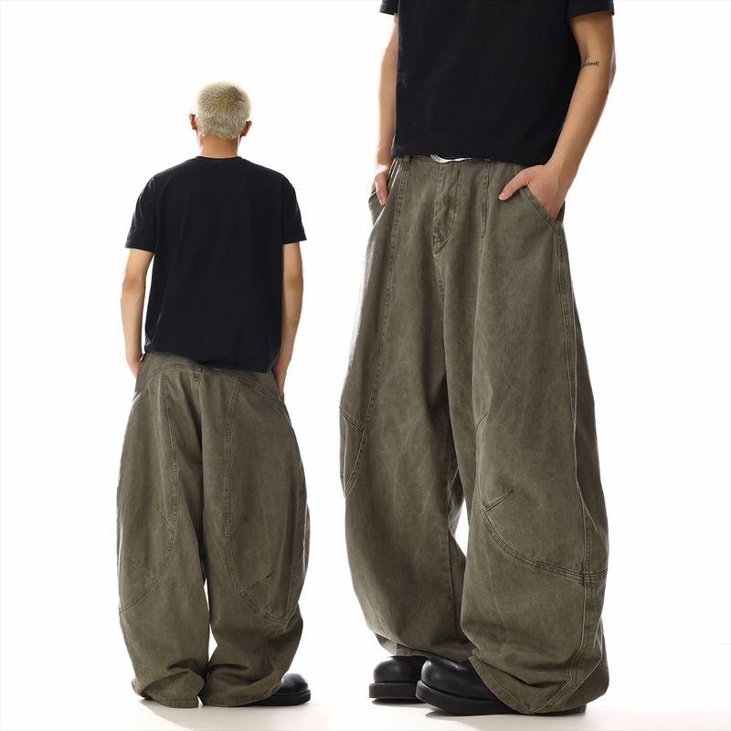 American Retro Washed Scimitar Pants, Workwear Pants for Men and Women, Unique Design, Cool and Casual Loose Straight-Leg Wide-Leg Pants