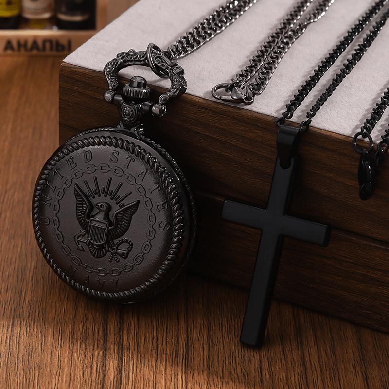 

2 шт./набор, мужские карманные часы 1 шт. мужские модные черные кварцевые карманные часы с ожерельем и 1 шт. классическое ожерелье с крестом, идеальный выбор для подарков