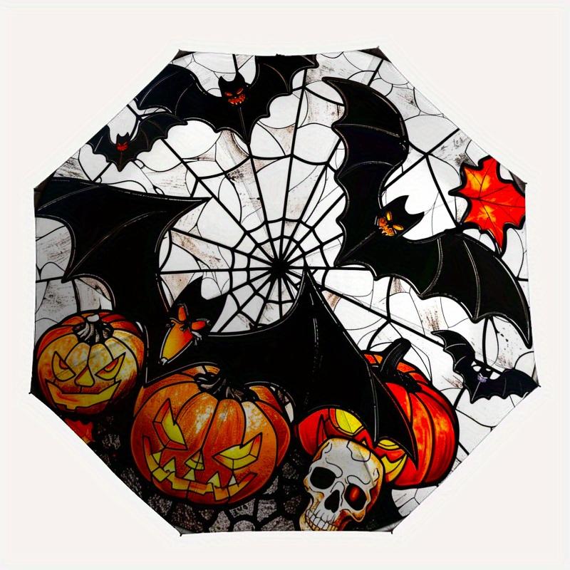 Halloween Stained Window Decoration with Bats, Pumpkinsand SkullsUmbrella, Portable 3-Fold Compact Umbrella for Men & Women Gift