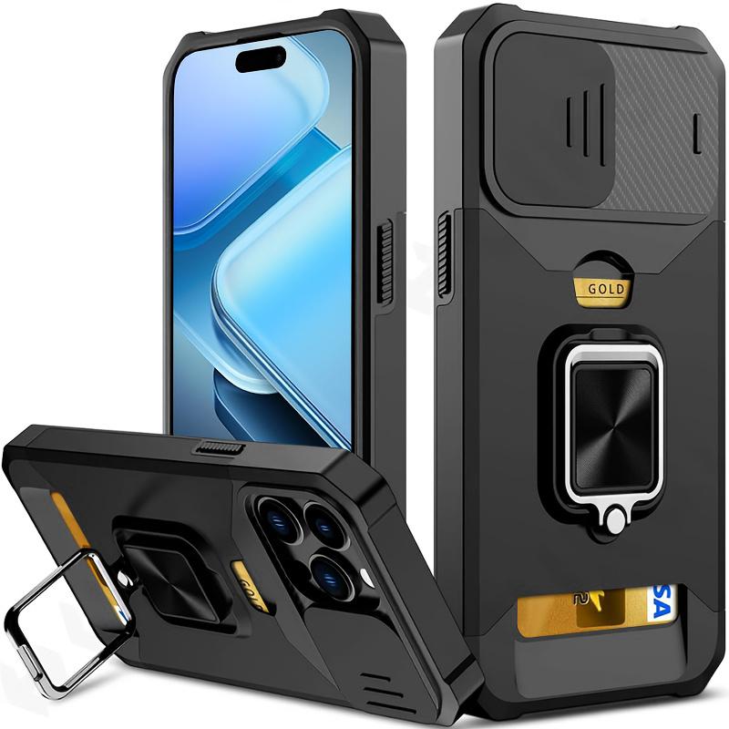 Stoßfestes, schweres Hartschalenetui mit Metallständer und Kartensteckplatz für das iPhone 16 Pro Max 15 Pro Max 14 Pro Max