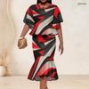Women Plus Size Two Piece Skirt Set Round Neck Batwing Sleeve Printed Ruffle Hem Top Fishtail Skirt Red Black Gray