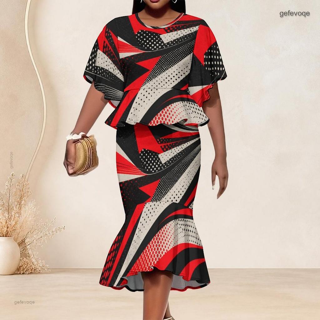 Women Plus Size Two Piece Skirt Set Round Neck Batwing Sleeve Printed Ruffle Hem Top Fishtail Skirt Red Black Gray