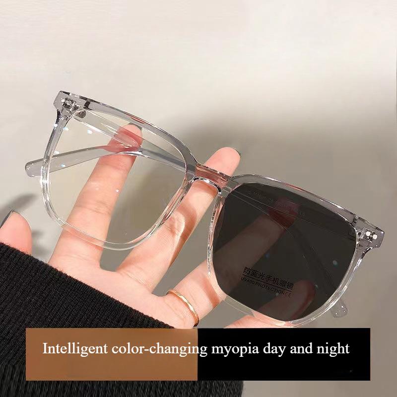 Fashion Pochromic Myopia Glasses Man Woman Square Anti Blue Light Finished Prescription Eyewear Ultralights Retro Glasses