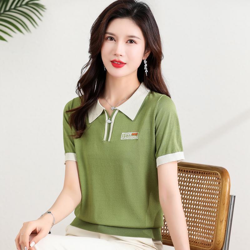 Fashionable Polo Collar Middle-aged Elderly Women's Loose Knitwear Thin Casual Short-sleeved T-shirt