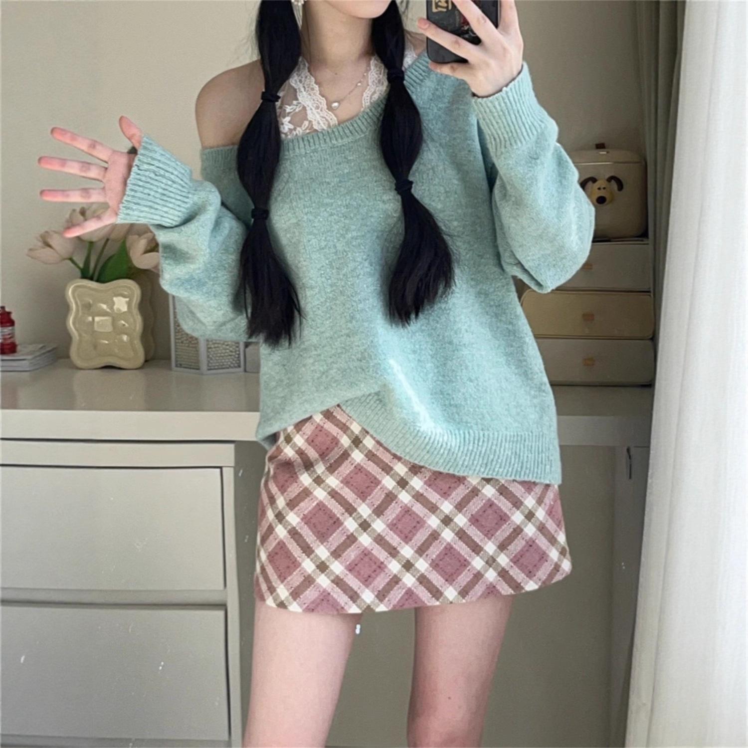 2025 Korean Sweet Pink Plaid Woolen A-Line Skirt S