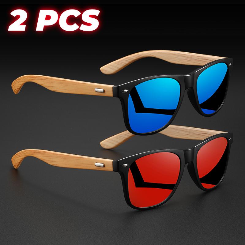 2PCS Retro Square Sunglasses Bamboo-Like Temple Silver Rivet Accents UV400 Unisex Gift for Outdoor & Daily Vintage Elegance