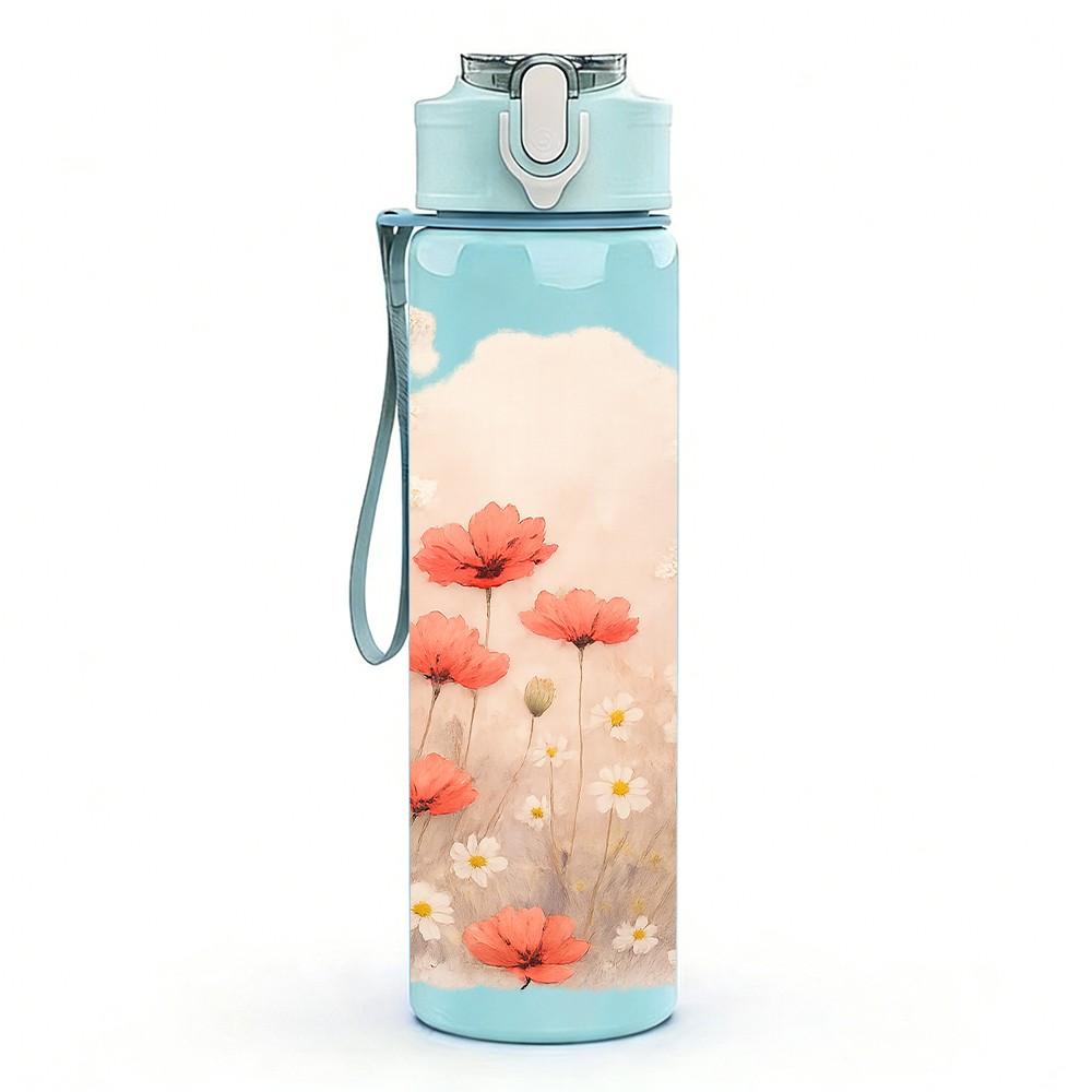 1PC Soft Pink White Cloud Flower Print 750ml Color Plastic Sports Water Bottle Leakproof Flip Straw Lid Suitable for Sports Office Home Use