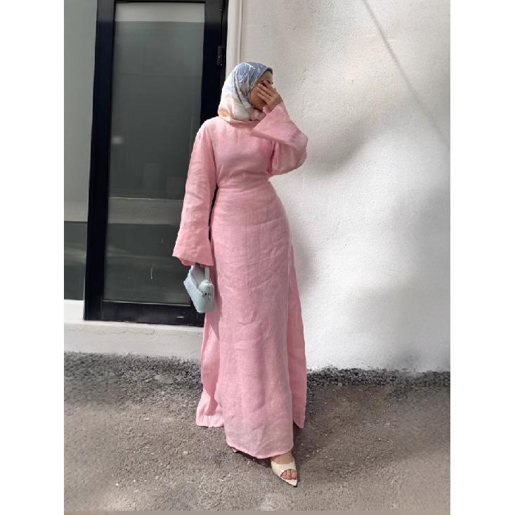Women' Dresses Elegant O-Neck Cotton Lined Back Lace Up  Flare Sleeve Waist Cinching Long Robes Female Summer Lady Dress