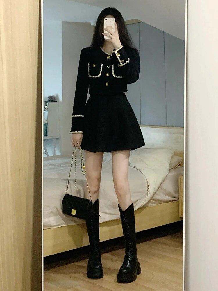 Winter Vintage Elegant New Two Piece Set Women France Button Chic Patchwork Skirt Suit Female Korean Fashion Casual Party Sets 2024