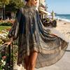 Lantern Sleeve Dress Boho Floral Print High Neck Irregular Chiffon Mini for Women, Smocked Neckline Long Flowy Party Cocktail Dress, Summer