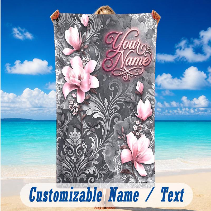 Floral Garden Theme Beach Towel Personalized Custom Name & Text Soft Quick Dry Beach Towel for Swimming Travel