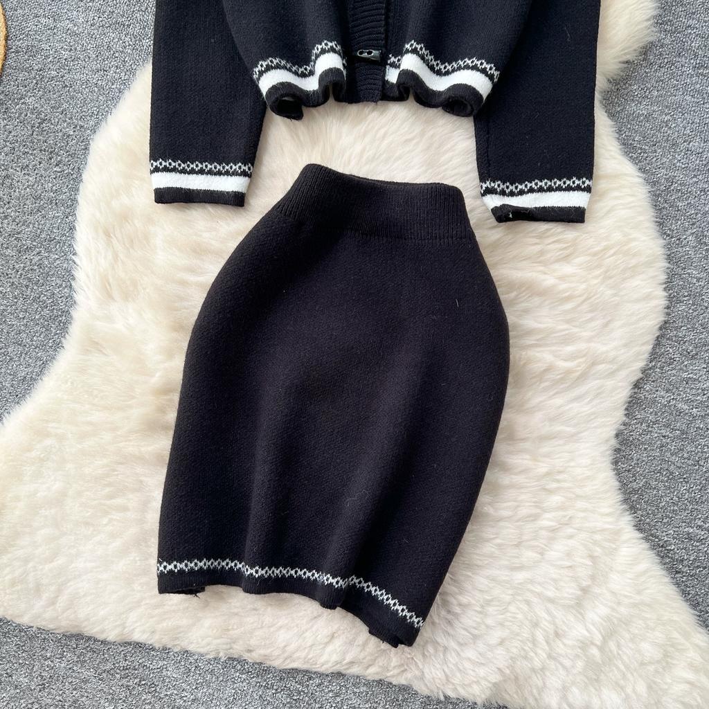 Autumn Winter Women Sweet Print Knitted Sweater Two Piece Set Single Breasted Cardigans Jacket and Mini Short Sheath Skirt Suit