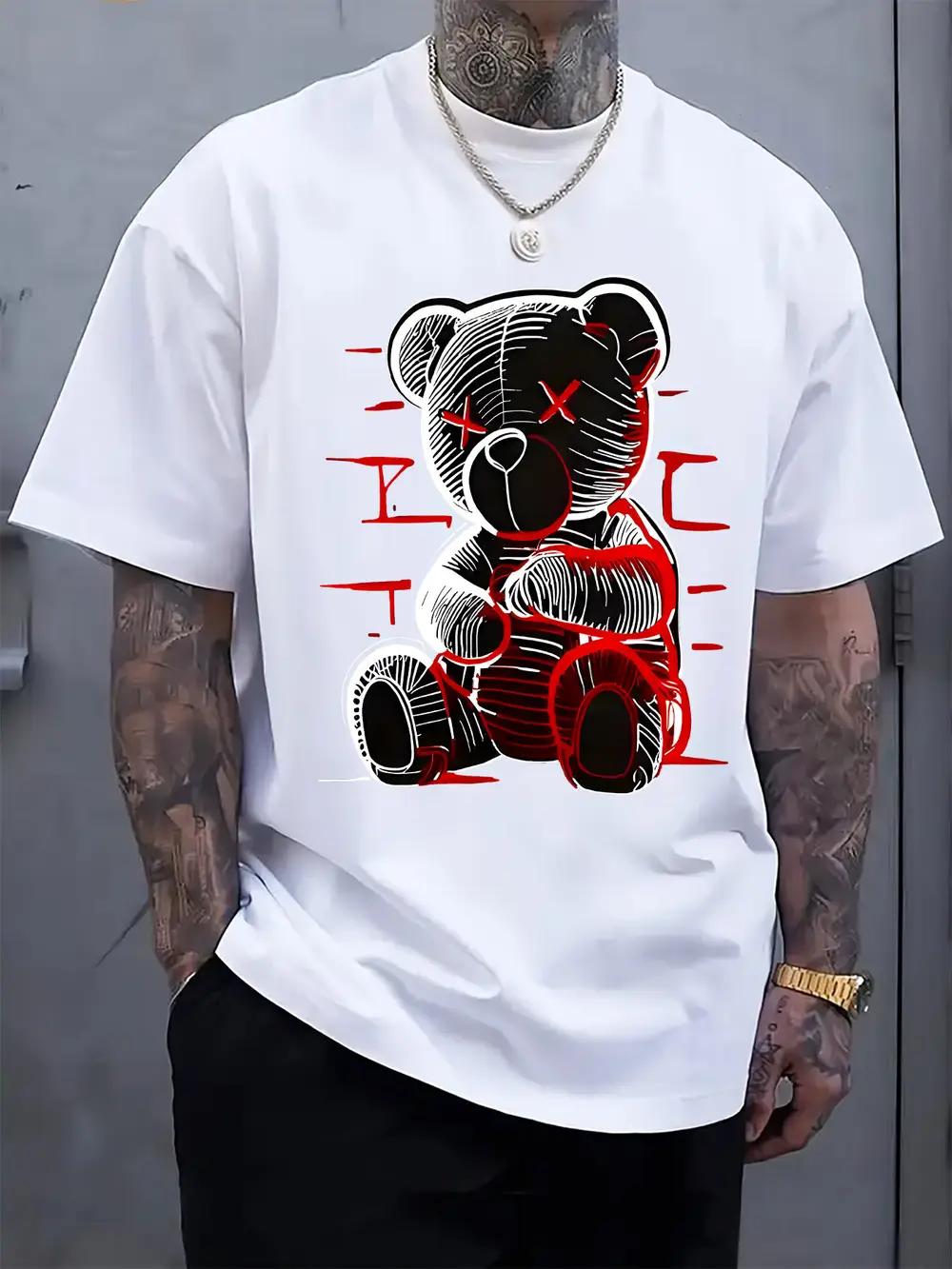 Casual Crew Neck T-shirt with Red X Bear Print - White XXL