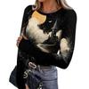 Women's Slim Fit Halloween Print Pullover Long Sleeve T Shirt Crew Neck Base Layer Top with Thumb Hole Cuffs Stretch Fabric