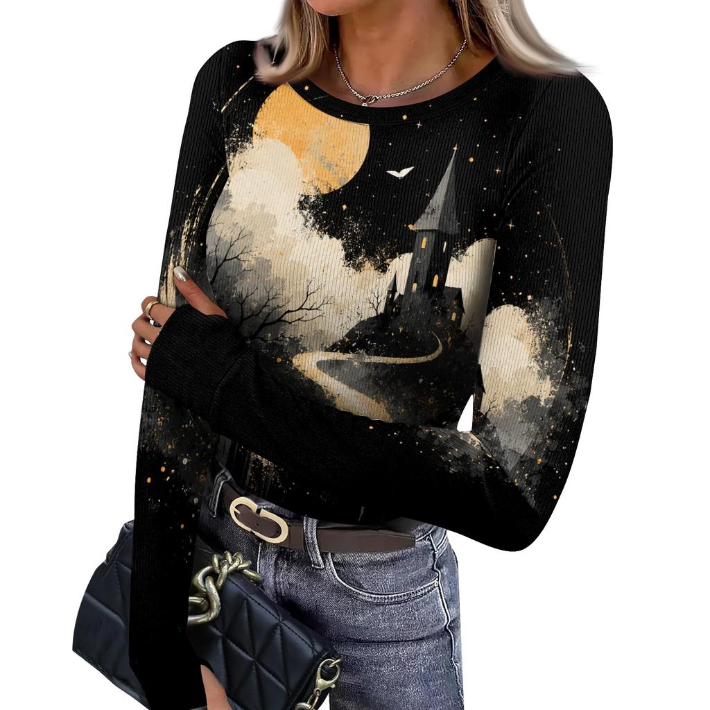Women's Slim Fit Halloween Print Pullover Long Sleeve T Shirt Crew Neck Base Layer Top with Thumb Hole Cuffs Stretch Fabric