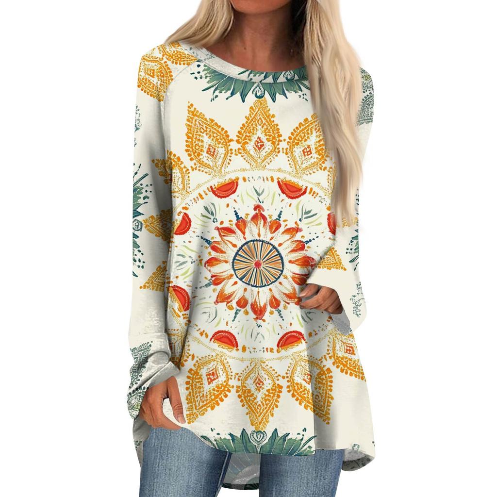 Women's Fashion Casual Long Sleeve  Print Round Neck Pullover Top Blouse