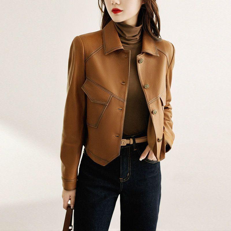 Womens Short PU Leather Jacket Casual Turn-Down Collar Biker Style Streetwear Coat