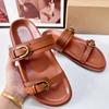 Summer Beach Slippers for Woman Casual Outdoor Black Buckled Strap Female Flat Shoes Soft PU Leather Chic Ladies Slides