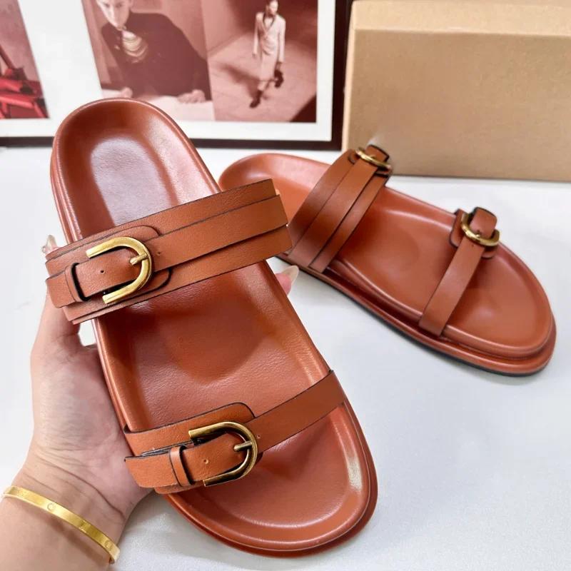Summer Beach Slippers for Woman Casual Outdoor Black Buckled Strap Female Flat Shoes Soft PU Leather Chic Ladies Slides