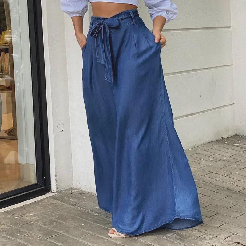 2023 Women's High-Waist Wide-Leg Denim Pants with Elegant Lace-Up
