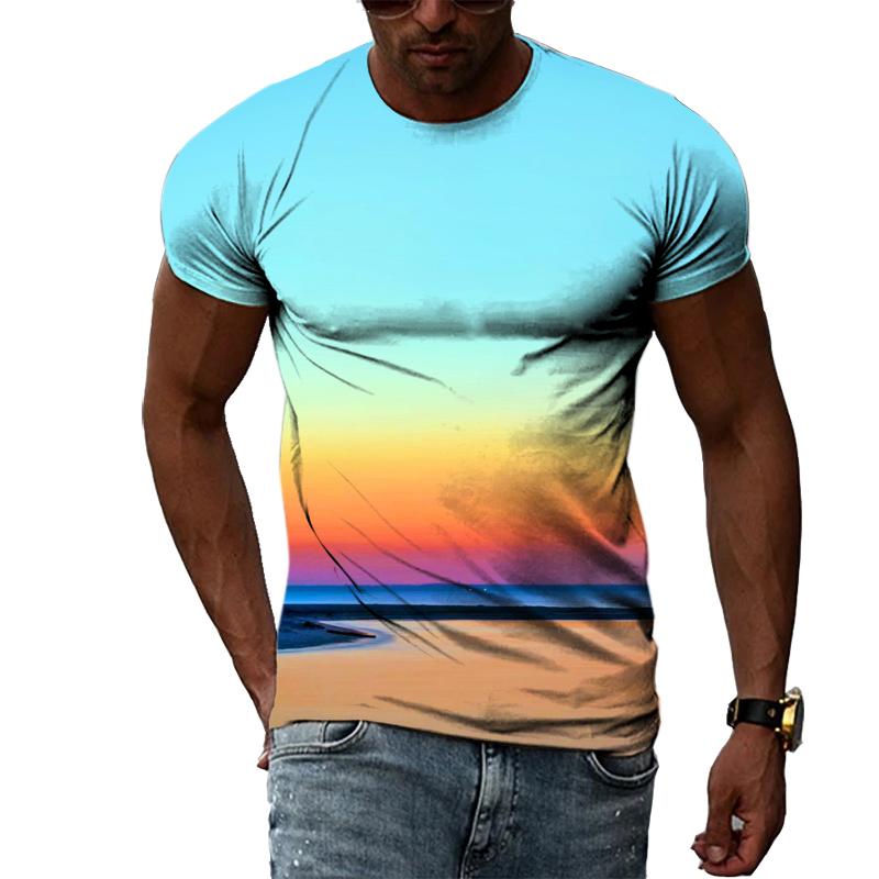 Summer Landscape Pattern T-shirts Casual Personality Hip-hop Trend Round Neck Tees Fashion Men's Street Cool Short-sleeve Top