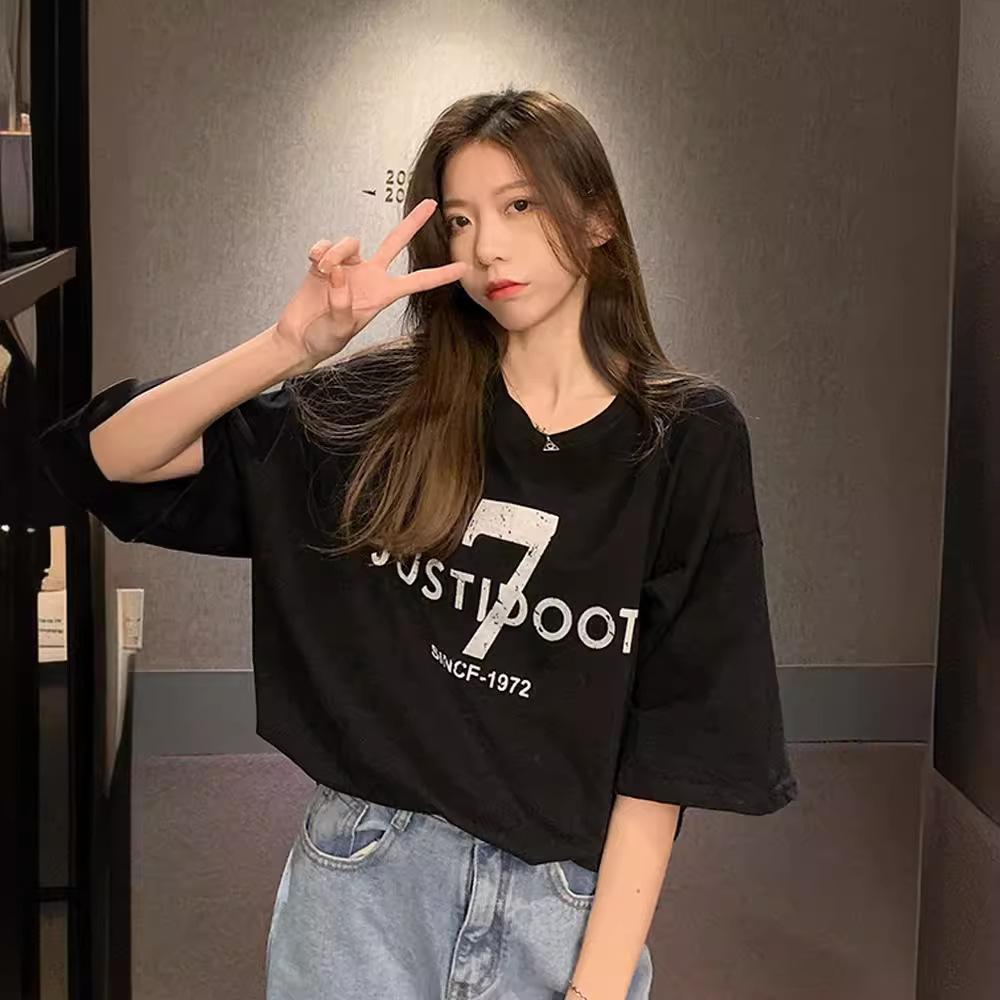 

[Tight combed pure cotton] Back bag collar loose printing short-sleeved t-shirt women s summer new S