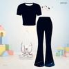 Girls Round Neck Short Sleeve Dark Blue Printed Top Flared Pants Two Piece Set