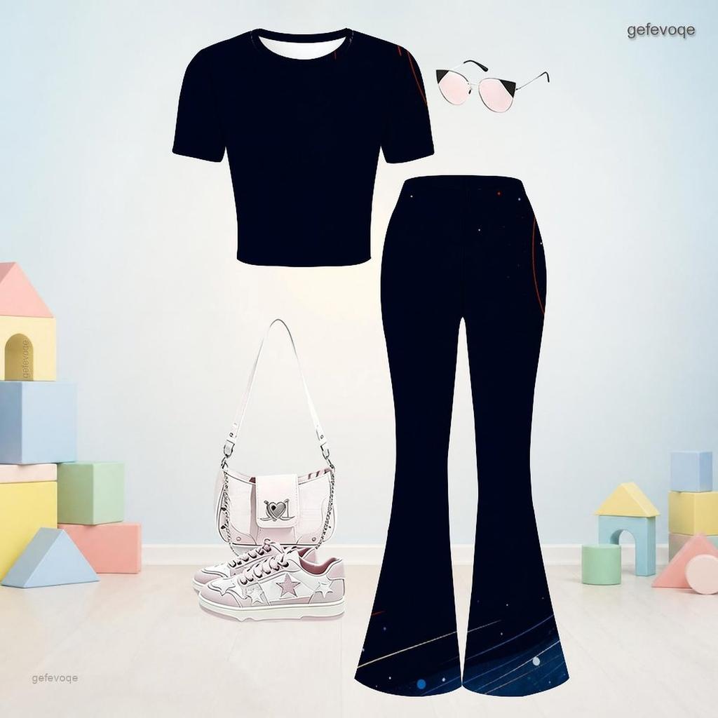 Girls Round Neck Short Sleeve Dark Blue Printed Top Flared Pants Two Piece Set