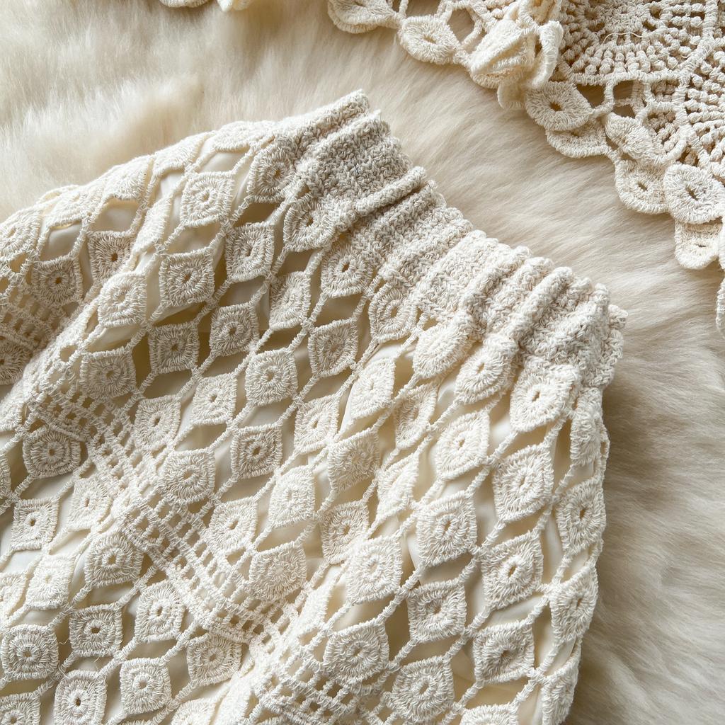 Dimanaf 2025 Nowa spódnica garniturowa damska dzianinowa plaża krótki rękaw koronka Hollow Out seksowna O-Neck Hollow letni styl topy koszulki luźne podstawowe