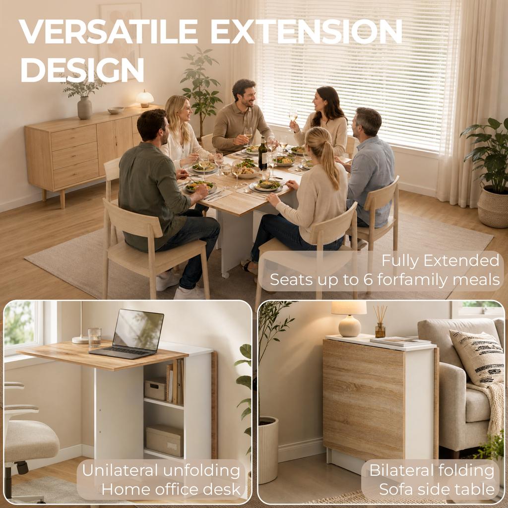 Folding Dining Table, Drop Leaf Table with 2-Tier Shelves, Rolling Casters, White and Natural