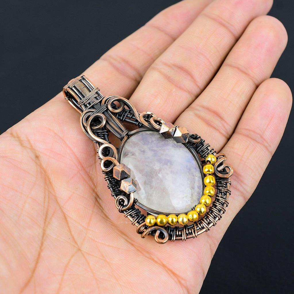 Moonstone 999 Copper Wire Wrapped Pendant, Handmade Gemstone Pendant, Gift For Mom Antique Jewelry