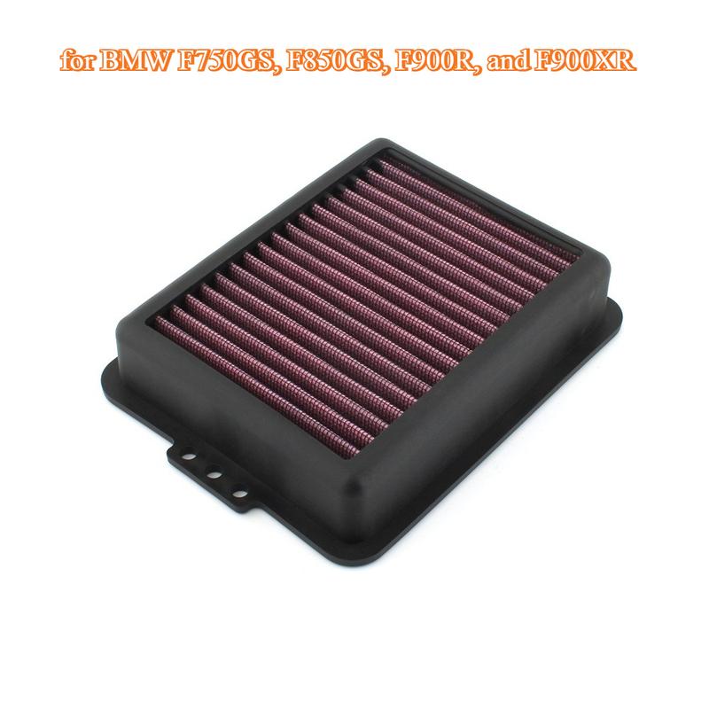 Motorcycle accessories for BMW F750GS, F850GS, F900R, and F900XR high-flow retrofit air filters.