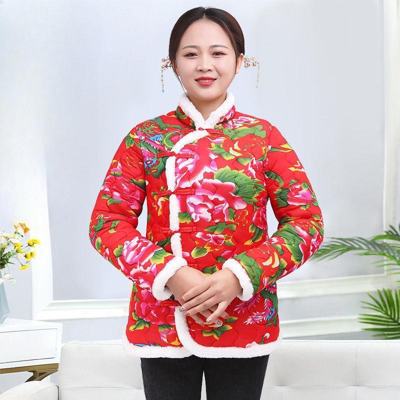 Women's Clothing Fleece-Lined and Thickened   Northeast Large Flower Padded Jacket Cotton Coat  Web Red Jacket