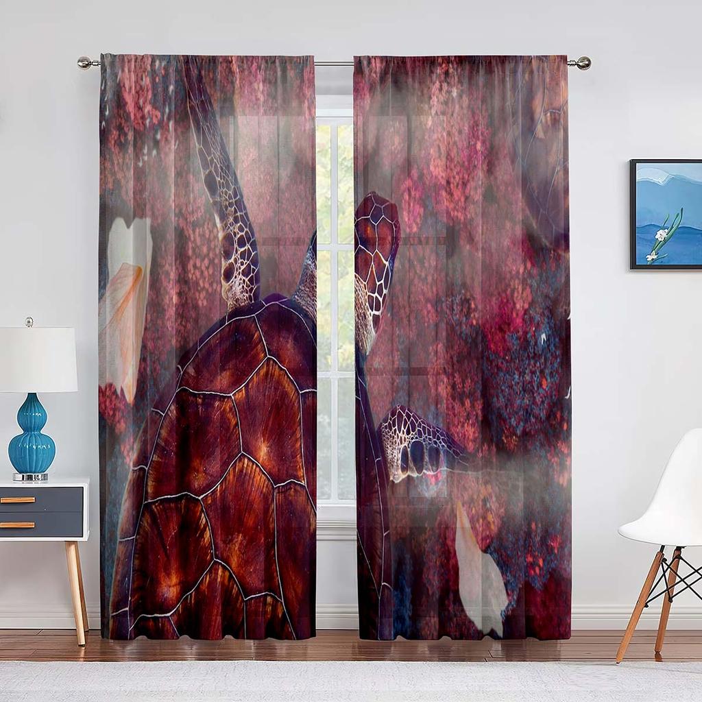 Cartoon Sea Turtle Tulle Curtains for Living Room Decoration Marine Animals Ink Blue Chiffon Sheer Voile Kitchen Bedroom Curtain