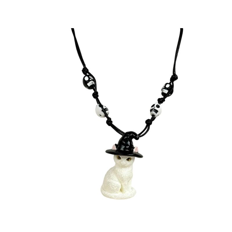 Feline Pendant Necklace with Witch Hat Charm, Lightweight Wax Cord Jewelry for Daily Wear, Party Looks, and Gift Giving