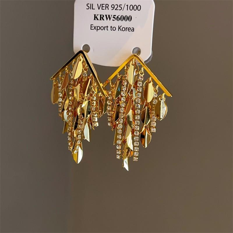 Leaf Tassel Earrings Women Zircon Inlaid Stylish Elegant Ear Jewelry