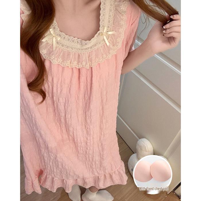 Women's Summer 2026 Cloud Cotton Nightgown with Bra Pads, Lace Trim, Short Sleeves, Long Length
