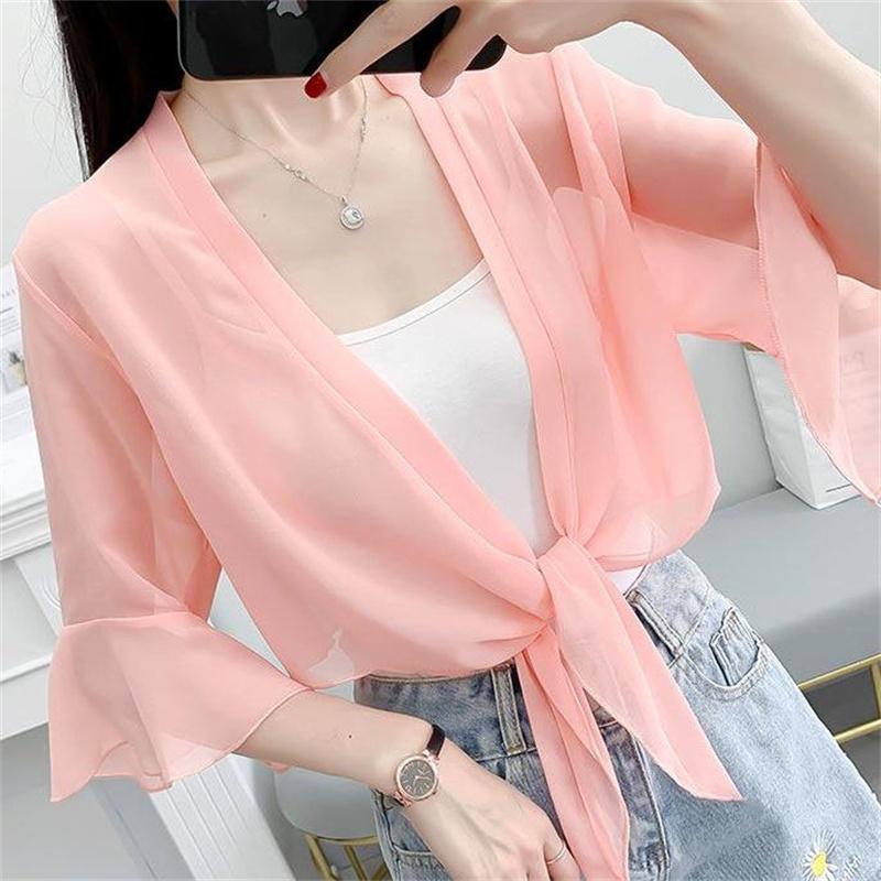 

Шифоновый кардиган однотонный, летняя шаль, свободная элегантная блузка, женский тонкий солнцезащитный XL Fit 65-77.5KG розовый