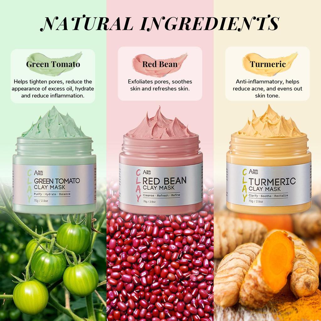 ANAiRUi Clay Face Mask Set, Green Tomato, Red Bean, Turmeric, 3 x 2.5 oz