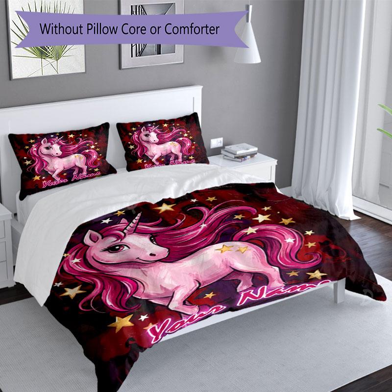 3pcs Custom Name Magical Unicorn Fantasy Bedding Set Printed Bedding Set Duvet Cover Closure Includes 1 Duvet Cover & 2 Pillowcases Bedroom Decor