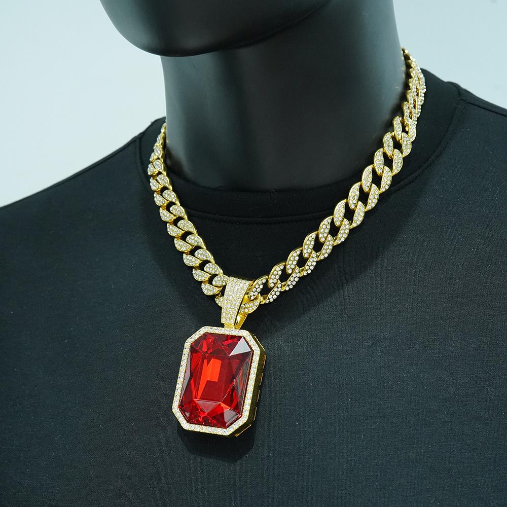 European and American Jewelry Fashion Square Colored Gemstone Necklace Pendant for Men, Hip-hop Style, Full Diamond Cuban Chain Necklace, Unisex