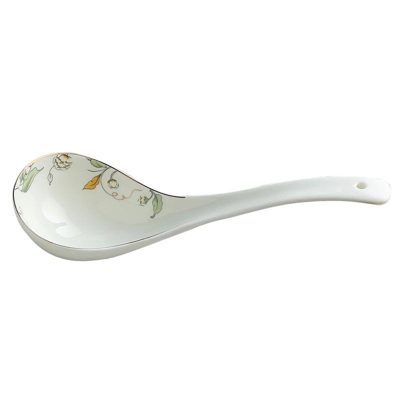 Green leaf painting, natural bone china cooking soup ladle, chinese ceramic soup spoon, for kitchens, serving tools, for buffet